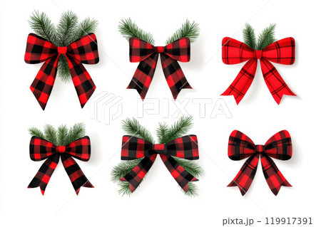 Collection of festive red and black plaid bows with greenery elements on a white isolated background. 119917391