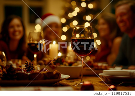 Photo of nice joyful family people drinking wine and having Christmas dinner. Photo of nice joyful family people drinking wine and having Christmas dinner. 119917533