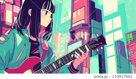 ギターを弾くアニメ風の女の子　AI 119917602