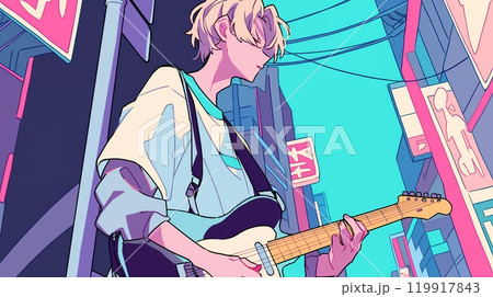 ギターを弾くアニメ風の男性　AI 119917843