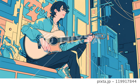 ギターを弾くアニメ風の男性 AI ギターを弾くアニメ風の男性 AI 119917844
