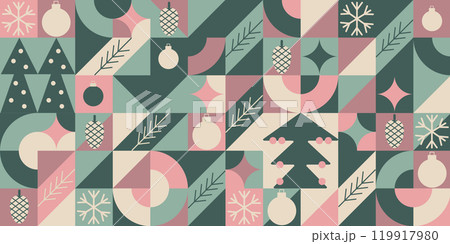 Christmas bauhaus abstract geometric background. Merry Christmas pattern, wallpaper, banner, festive cover design Winter Celebration. Seamless festive vector mosaic, minimal scandinavian ornament 119917980