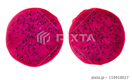 Red dragon fruit slice isolated on white background. Red dragon fruit slice isolated on white background. 119918027