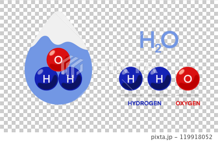 Illustration of a water molecule, showcasing its composition with two hydrogen atoms and one oxygen atom, molecular structure and helps visualize the atomic arrangement of hydrogen and oxygen Illustration of a water molecule, showcasing its composition with two hydrogen atoms and one oxygen atom, molecular structure and helps visualize the atomic arrangement of hydrogen and oxygen 119918052