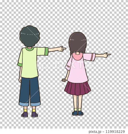 Boy and girl turning away and pointing to the side 119918229