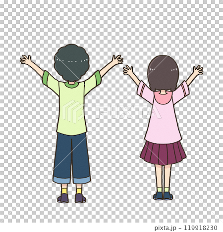 Boy and girl with their backs turned and their hands raised 119918230