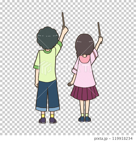背を向けて指示棒で上を指す男の子と女の子 119918234