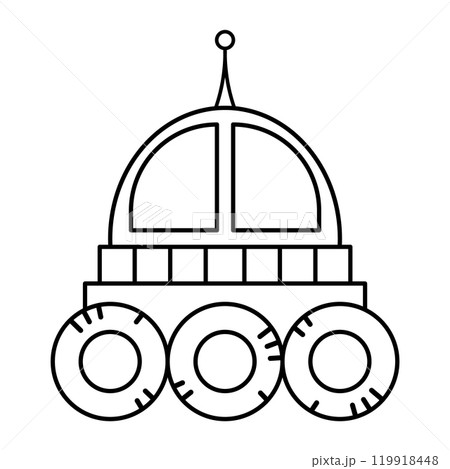 Simple Space Rover Outline. This is a black-and-white vector illustration of a space rover with a minimalist design. The rover features three large wheels with circular details around each wheel. Simple Space Rover Outline. This is a black-and-white vector illustration of a space rover with a minimalist design. The rover features three large wheels with circular details around each wheel. 119918448