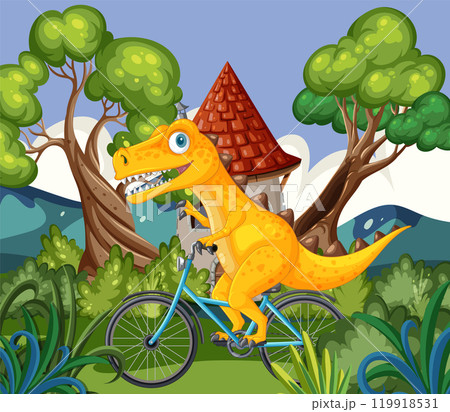 Dinosaur Riding a Bicycle in Forest 119918531