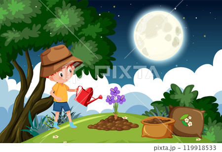 Child Watering Flowers Under Moonlight Child Watering Flowers Under Moonlight 119918533