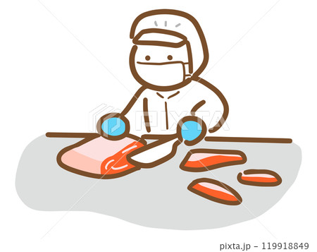 お肉を切っている食品工場のスタッフ(上半身) 119918849