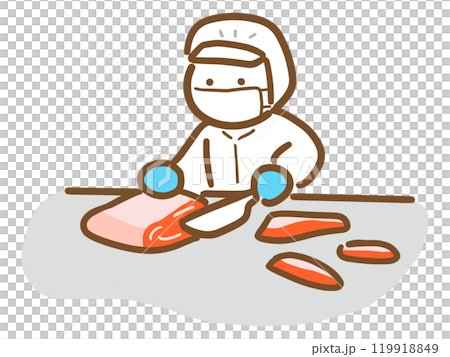 お肉を切っている食品工場のスタッフ(上半身) 119918849