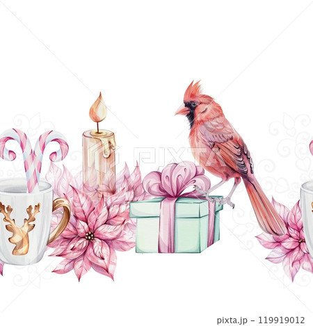 Watercolor seamless pattern - Christmas white mug with gold reindeer with openwork snowflake, isolated. Candy cane, candle, poinsettia flowers. Noel. Border, elements for new year greeting cards Watercolor seamless pattern - Christmas white mug with gold reindeer with openwork snowflake, isolated. Candy cane, candle, poinsettia flowers. Noel. Border, elements for new year greeting cards 119919012