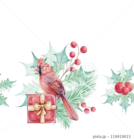 Watercolor seamless border - Christmas bird red cardinal, berries, gift box, poinsettia flowers bouquet with holly green leaves. Arrangement with brunch. Symbol of Christmas. Winter holiday decoration Watercolor seamless border - Christmas bird red cardinal, berries, gift box, poinsettia flowers bouquet with holly green leaves. Arrangement with brunch. Symbol of Christmas. Winter holiday decoration 119919013