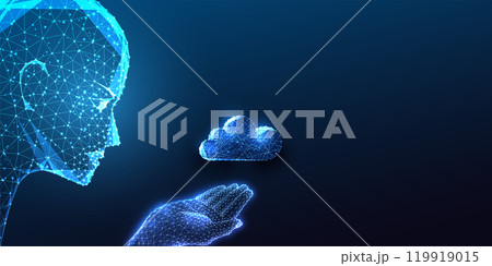 AI in cloud computing concept with robotic head holding cloud symbol on dark blue background.  AI in cloud computing concept with robotic head holding cloud symbol on dark blue background.  119919015