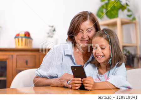 Happy granddaughter and grandmother using Happy granddaughter and grandmother using 119919041