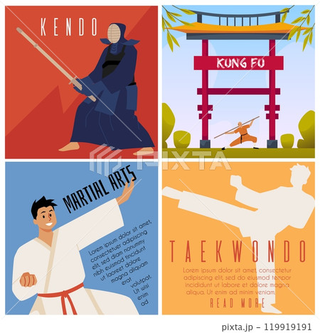 Asian martial art vector posters set, Japanese Karate and Kendo fighter, Chinese Kung fu and taekwondo wrestler outdoors Asian martial art vector posters set, Japanese Karate and Kendo fighter, Chinese Kung fu and taekwondo wrestler outdoors 119919191