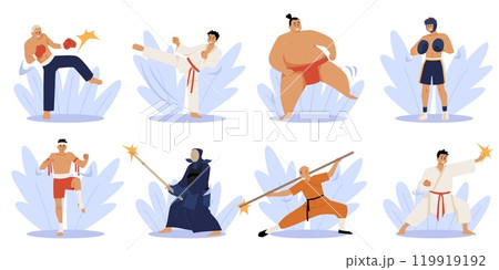 A collection of vector illustrations of martial arts, including sumo, kickboxing, karate and others 119919192