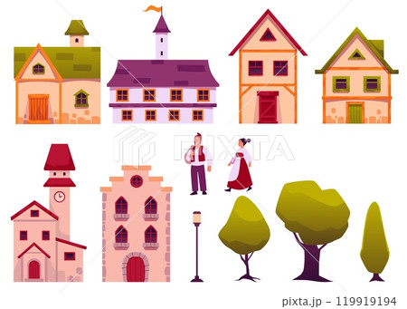 Vector collection of medieval houses: stone cottages with classic windows, towers, trees and townspeople 119919194