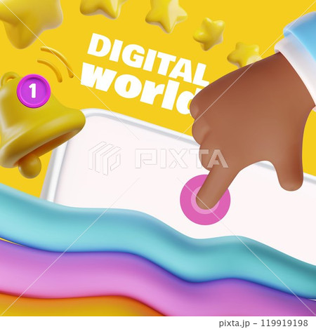Online digital world network 3D cartoon banner, golden stars emoji, bell notification, user hand select tap click cursor 119919198