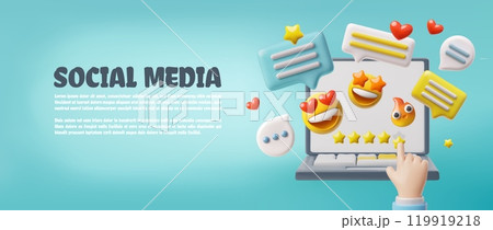 3D illustration of a banner of an open laptop with a hand with speech bubbles and emoji flying out. 119919218