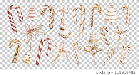 Set of isolated cute candy canes in vivid hand painted watercolor painting on a transparent background for ornamental Christmas and New Year party decoration elements. Gold color tone. AI generated. Set of isolated cute candy canes in vivid hand painted watercolor painting on a transparent background for ornamental Christmas and New Year party decoration elements. Gold color tone. AI generated. 119919482