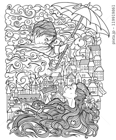 Romantic line art coloring page with loving couple - girl with long hair and boy holding umbrella against the background of old town, nasty weather and stormy clouds. I love you concept 119919861