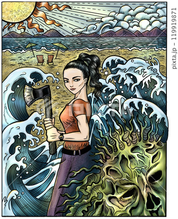 Hand drawn cartoon illustration with zombie apocalypse concept for horror book cover. Beautiful girl with axe fighting undead zombie monster against seashore landscape background. Hand drawn cartoon illustration with zombie apocalypse concept for horror book cover. Beautiful girl with axe fighting undead zombie monster against seashore landscape background. 119919871