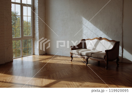 A large brown old-fashioned sofa stands in a room. 119920095