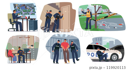 Collection Scenes Illustrating Police Work, Including Surveillance, Investigation, Crime Scene Management, Interrogation 119920113