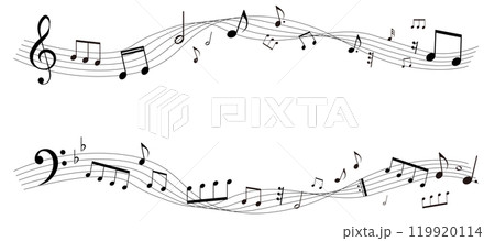 遠近感のある楽譜のフレームイラスト　五線譜　背景イラスト　音符、音楽記号のイラスト 119920114