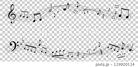 遠近感のある楽譜のフレームイラスト　五線譜　背景イラスト　音符、音楽記号のイラスト 119920114