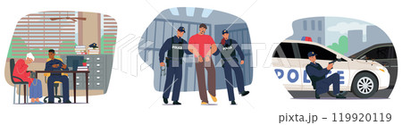 Police Officers In Various Law Enforcement Scenarios, Including Assisting A Civilian, Escorting A Handcuffed Suspect 119920119