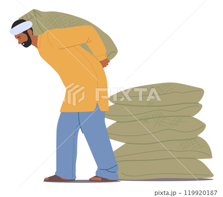Indian Man In Traditional Clothing Carries A Heavy Sack On His Back, Symbolizing Hard Labor, Resilience, And Rural Life Indian Man In Traditional Clothing Carries A Heavy Sack On His Back, Symbolizing Hard Labor, Resilience, And Rural Life 119920187