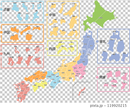 日本地圖以都道府縣拼圖風格顯示 119920215