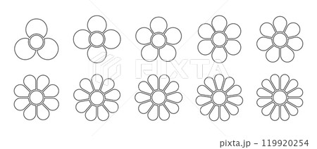 Set of flower diagrams with cores and petals. Pie charts divided on equal segments in leaf shapes isolated on white background. Floral templates for data presentation. Vector outline illustration Set of flower diagrams with cores and petals. Pie charts divided on equal segments in leaf shapes isolated on white background. Floral templates for data presentation. Vector outline illustration 119920254