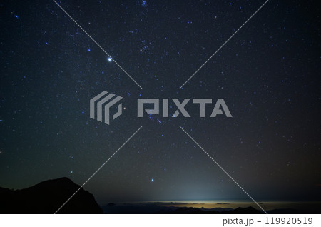 星空と山道の夜景 - 静寂に包まれた星空と山の稜線の風景 星空と山道の夜景 - 静寂に包まれた星空と山の稜線の風景 119920519