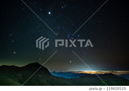 星空と山道の夜景 - 静寂に包まれた星空と山の稜線の風景 星空と山道の夜景 - 静寂に包まれた星空と山の稜線の風景 119920529