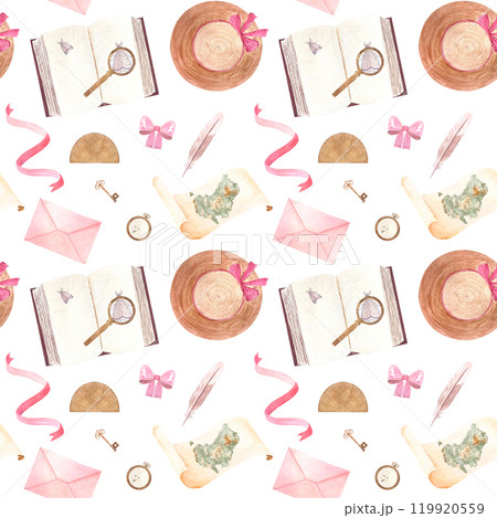 Hardcover open book with magnifying glass and moth, pocket watch, sun hat and pink ribbons watercolor seamless pattern isolated on white. Hand painted for bookstore, stationary girly vintage design Hardcover open book with magnifying glass and moth, pocket watch, sun hat and pink ribbons watercolor seamless pattern isolated on white. Hand painted for bookstore, stationary girly vintage design 119920559