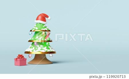 santa claus hat on christmas tree with snow, gift box, ornaments isolated on blue background. christmas and festive new year concept, 3d illustration render 119920713