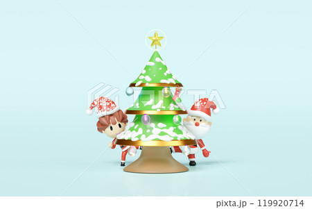 3d santa claus and santa girl behind christmas tree with snow, ornaments isolated on blue background. christmas and festive new year concept, 3d illustration render 3d santa claus and santa girl behind christmas tree with snow, ornaments isolated on blue background. christmas and festive new year concept, 3d illustration render 119920714
