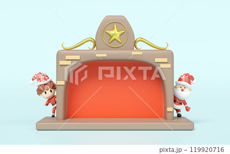 3d santa claus and santa girl standing next to fireplace with copy space isolated on blue background. merry christmas and festive new year concept, 3d illustration render 3d santa claus and santa girl standing next to fireplace with copy space isolated on blue background. merry christmas and festive new year concept, 3d illustration render 119920716