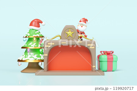 3d santa claus standing on fireplace with copy space, christmas tree, lamp, gift box isolated on blue background. merry christmas and festive new year concept, 3d illustration render 3d santa claus standing on fireplace with copy space, christmas tree, lamp, gift box isolated on blue background. merry christmas and festive new year concept, 3d illustration render 119920717