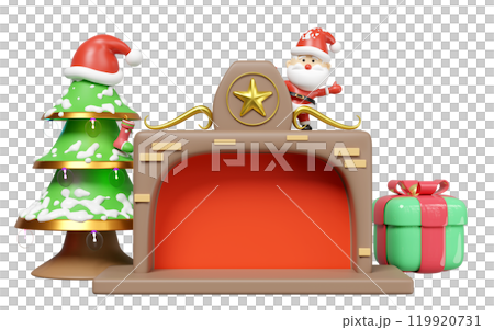 3d santa claus standing on fireplace with copy space, christmas tree, lamp, gift box isolated. merry christmas and festive new year concept, 3d illustration render 3d santa claus standing on fireplace with copy space, christmas tree, lamp, gift box isolated. merry christmas and festive new year concept, 3d illustration render 119920731