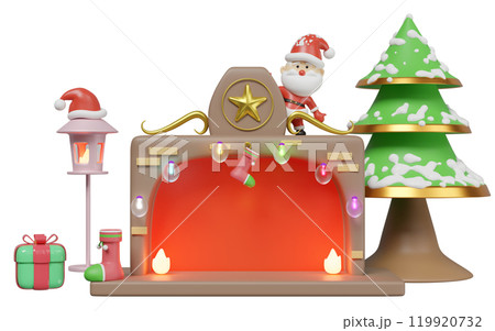 3d santa claus standing on fireplace with copy space, lantern, christmas tree, lamp, gift box, socks isolated. merry christmas and festive new year concept, 3d illustration render 3d santa claus standing on fireplace with copy space, lantern, christmas tree, lamp, gift box, socks isolated. merry christmas and festive new year concept, 3d illustration render 119920732