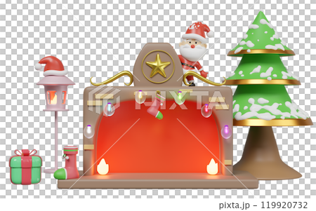 3d santa claus standing on fireplace with copy space, lantern, christmas tree, lamp, gift box, socks isolated. merry christmas and festive new year concept, 3d illustration render 3d santa claus standing on fireplace with copy space, lantern, christmas tree, lamp, gift box, socks isolated. merry christmas and festive new year concept, 3d illustration render 119920732