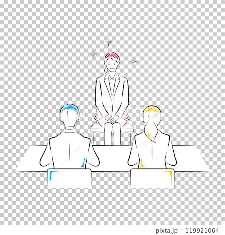 Illustration of a woman looking for a job and the interviewer having an interview 119921064