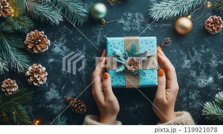 Christmas Present in Hands, Blue Gift Box, Flat Lay 119921078