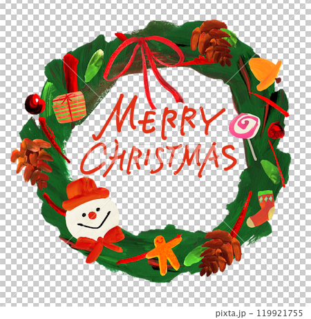 Christmas wreath, MERRY CHRIS presents, pine cones, ribbons, socks, snowmen, hand drawn Christmas wreath, MERRY CHRIS presents, pine cones, ribbons, socks, snowmen, hand drawn 119921755