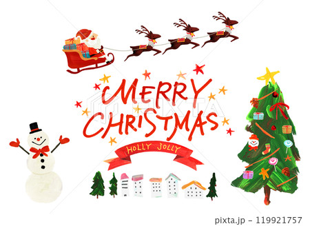 MERRY CHRISTクリスマスツリー、赤いリボン、手描き、HOLLY JOLLY イラスト MERRY CHRISTクリスマスツリー、赤いリボン、手描き、HOLLY JOLLY イラスト 119921757